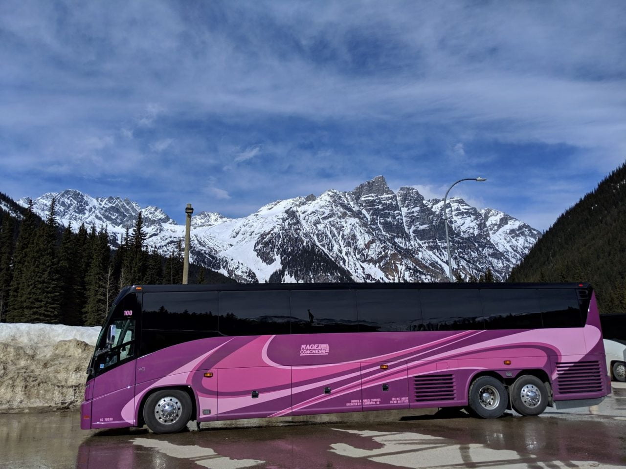 Nagel Coach in Rogers Pass BC with snowy mountains